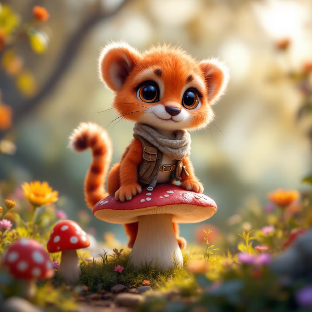 AI generated: cute red cheetah on a whimsical mushroom, wearing tiny adventurer clothes, full body, volumetric lig...