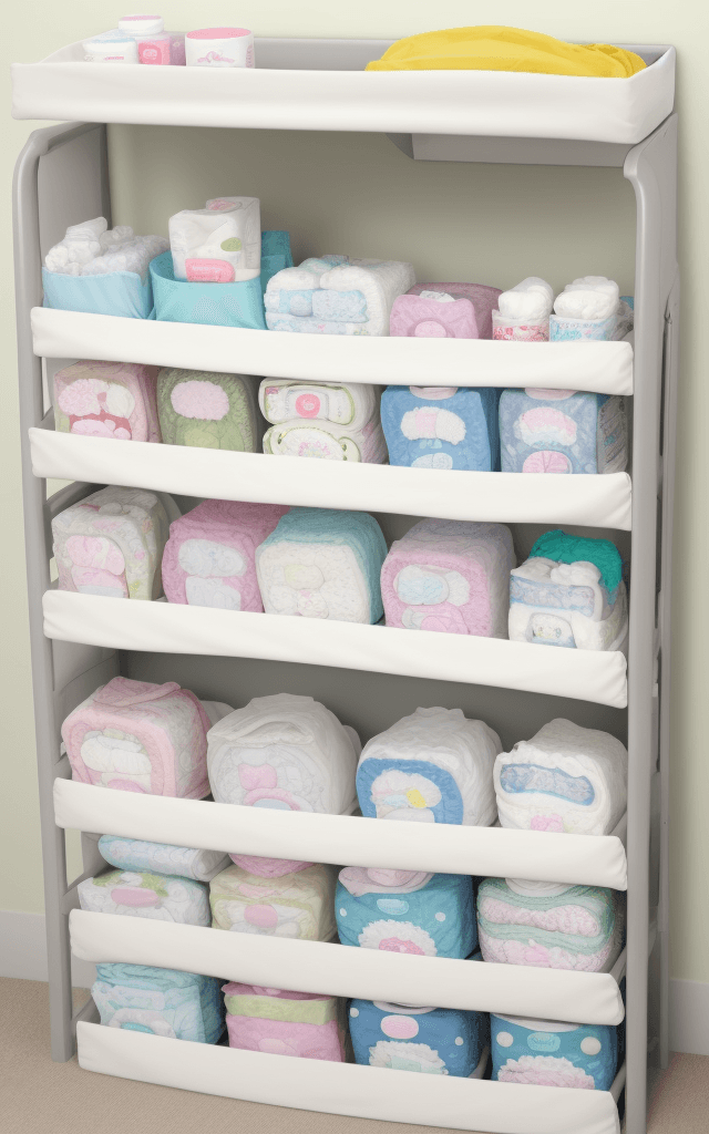 AI generated: high quality, diaper, tena pattern, changing table, stack of diapers, bags of diapers, shelves with ...