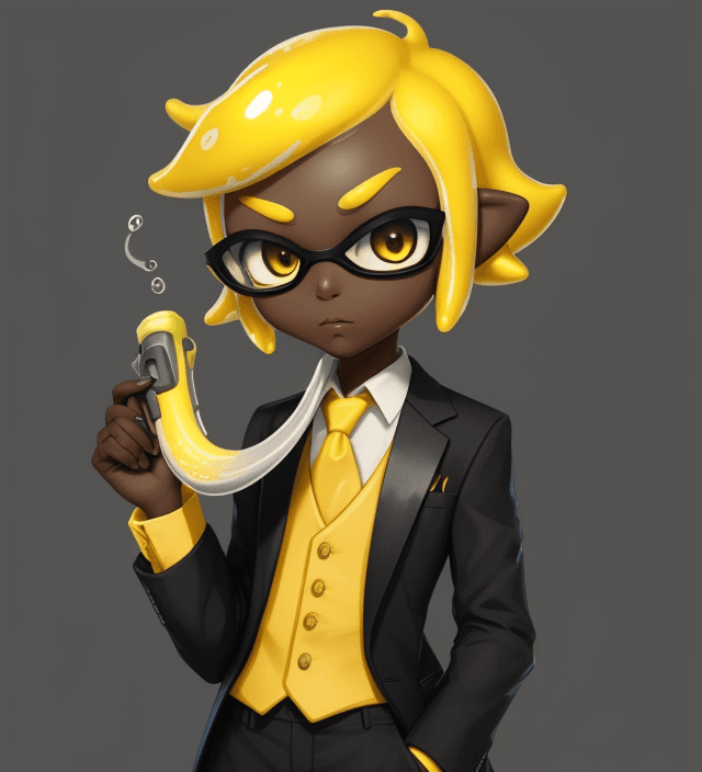 AI generated: splatoon, inkling, short hair, dark skin, yellow hair, formal clothes