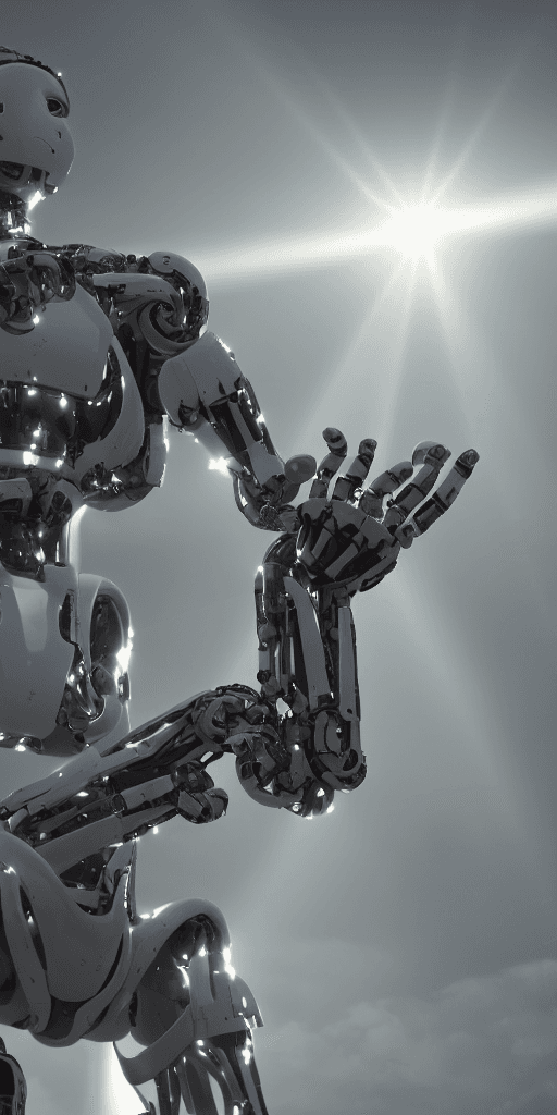 AI generated: A sentient robot discovering heaven, feelings of awe, God’s ray of light shining down, beautiful, ci...
