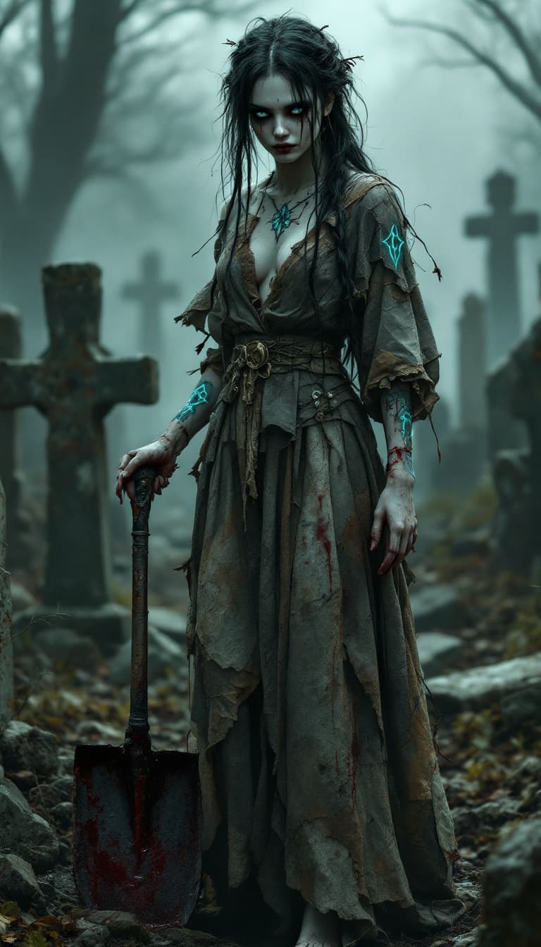 AI generated: An ultra-realistic, full-body portrait of a haunted gravedigger barefoot woman, exuding a chilling s...