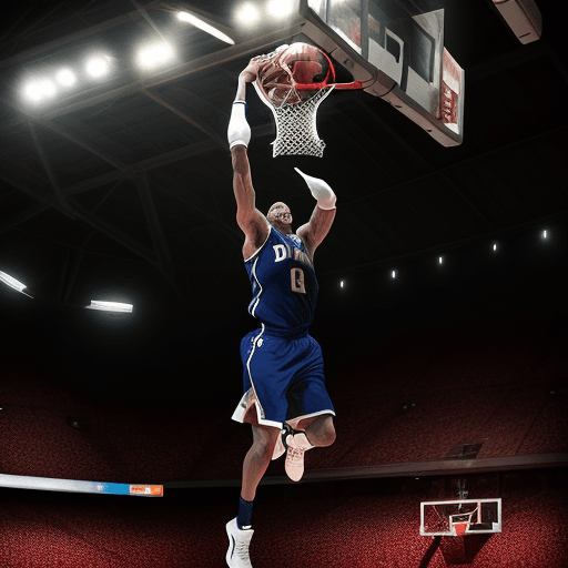 AI generated: In the dimly lit stadium, capture a hyper realistic basketball highlight featuring an explosive slam...
