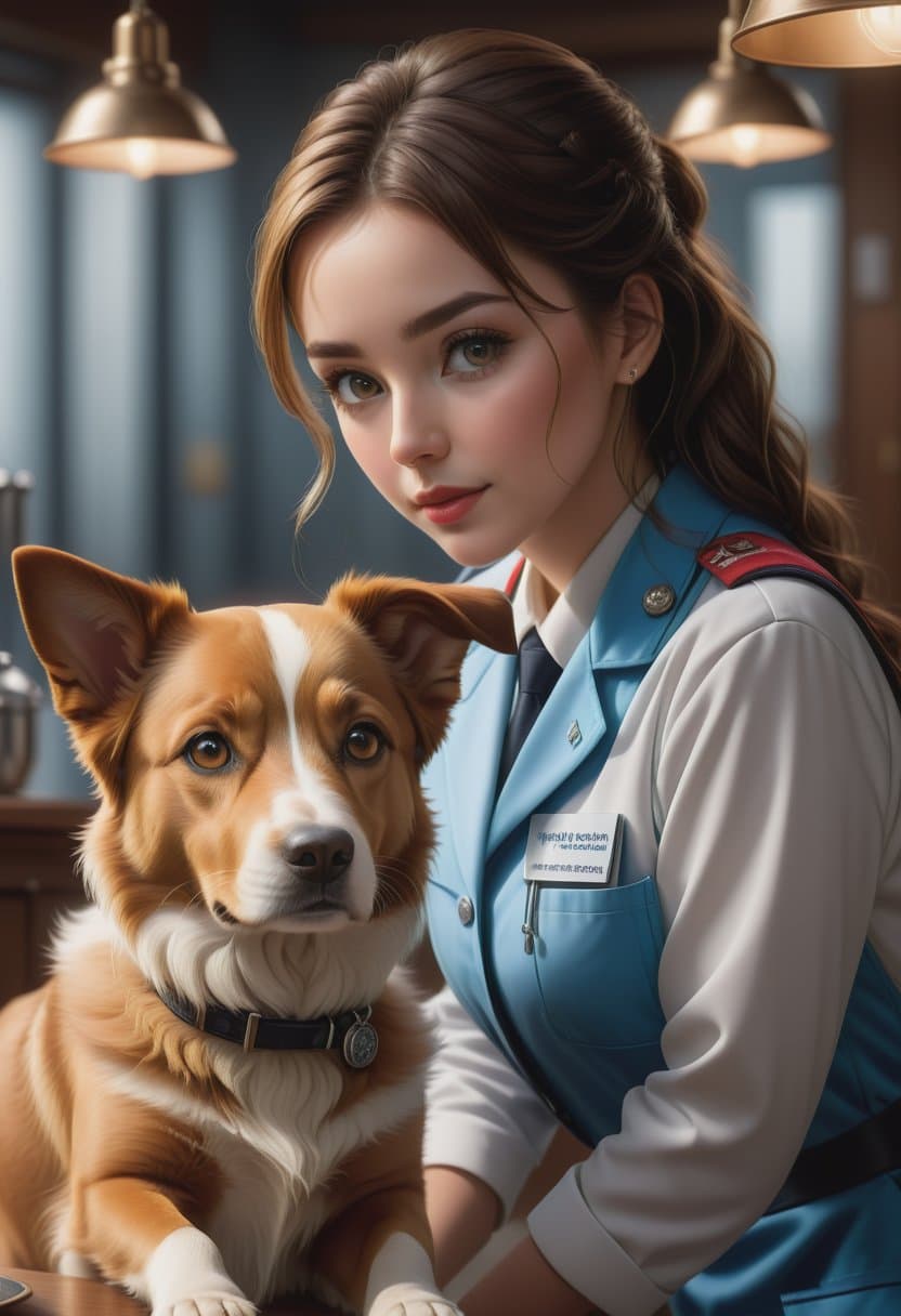 AI generated: hyper realistic to a (beautiful vet girl in her vet outfit:1.3), (attending to a dog on a table:1.2)...
