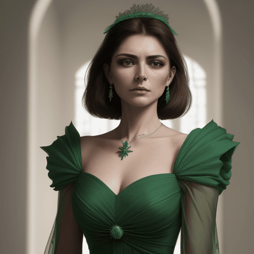 AI generated: Genera imagen de mujer hermosa de alrededor 30 años, vestida elegantemente con un vestido verde y co...