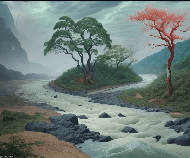 AI generated: storm, typhon, rock fill river, litter, rianing, rapid river water, Seawater backflow, Dangerous, en...