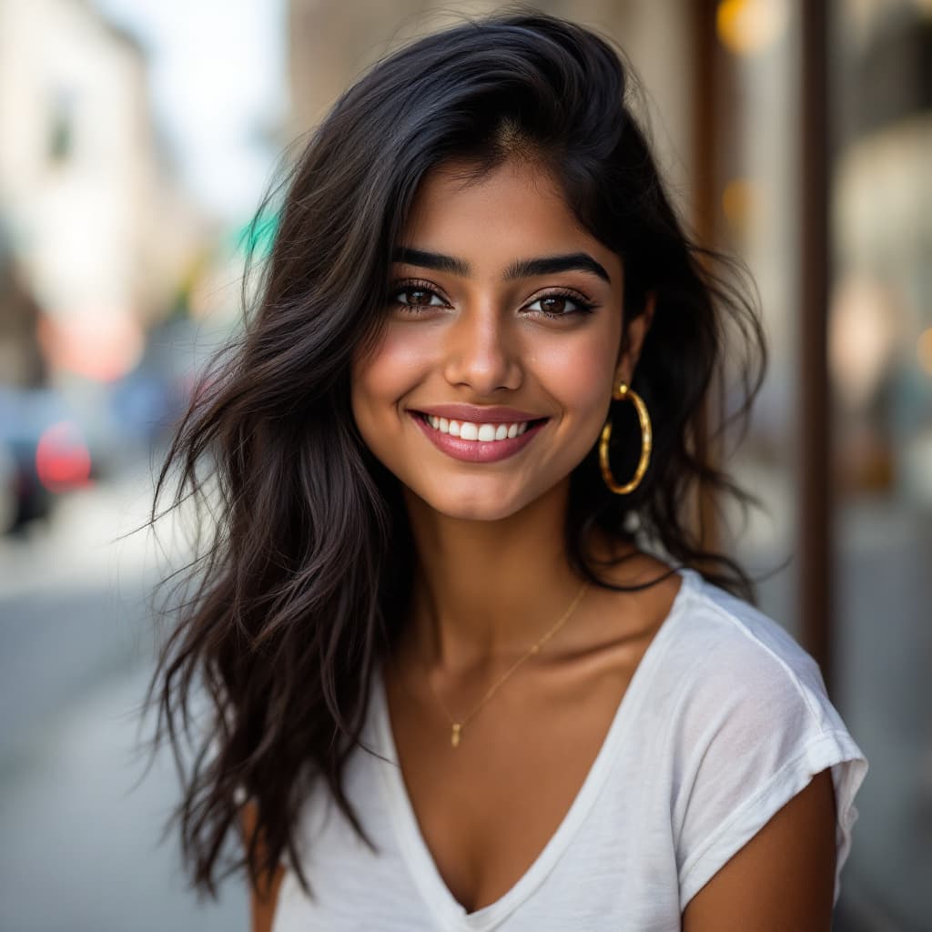 AI generated: A portrait of a young indian girl 16, sehr hübsches gesicht, volle lippen, halblange gelockte schwar...