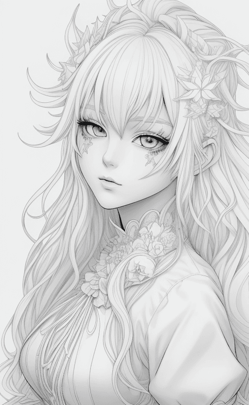 AI generated: coloring page Anime portrait clean line art, black pen line high detail,,wild dynamic white hair, wo...