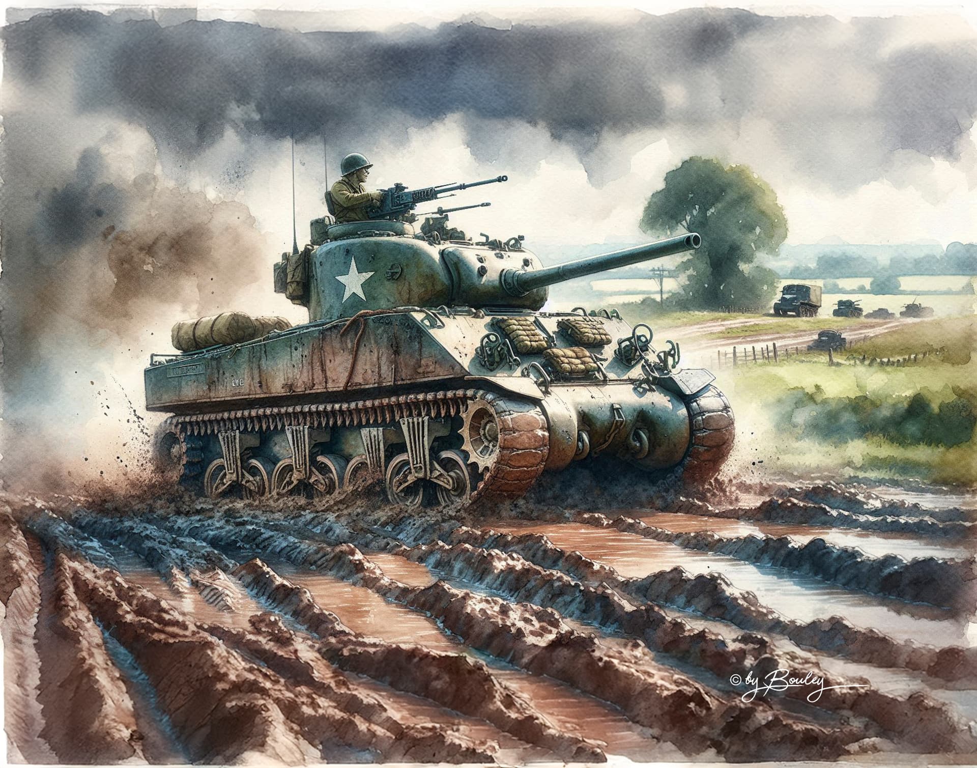 AI generated: watercolor artwork, World War 2 Sherman Tank driving in Mud, 1943, 4k, ultrarealistic