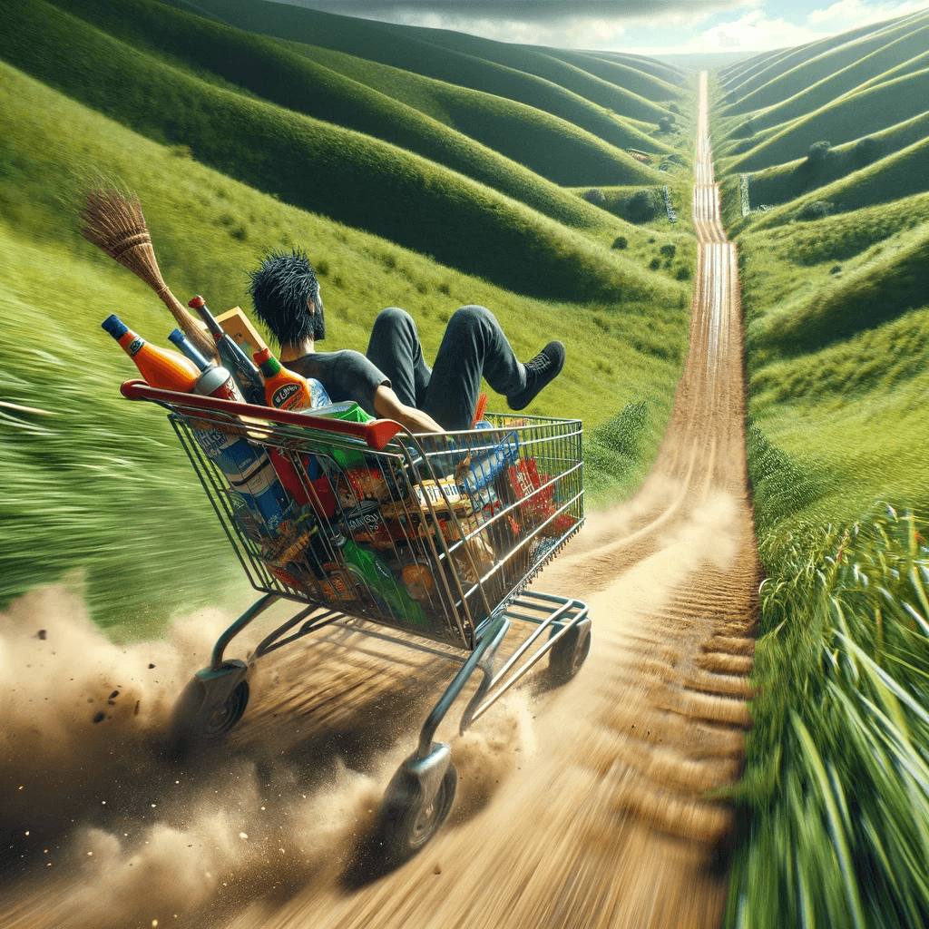 AI generated: A heart-pounding perspective of a shopping cart ride, where everyday items become companions in a da...