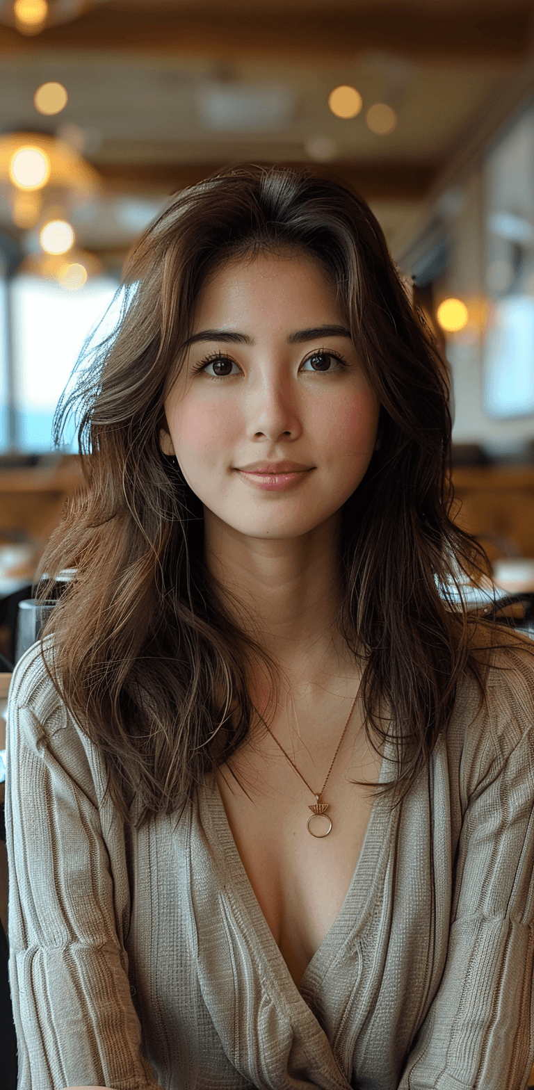 AI generated: A selfie of an Asian woman in her mid-twenties sitting in a modern cafe, wearing casual attire and s...