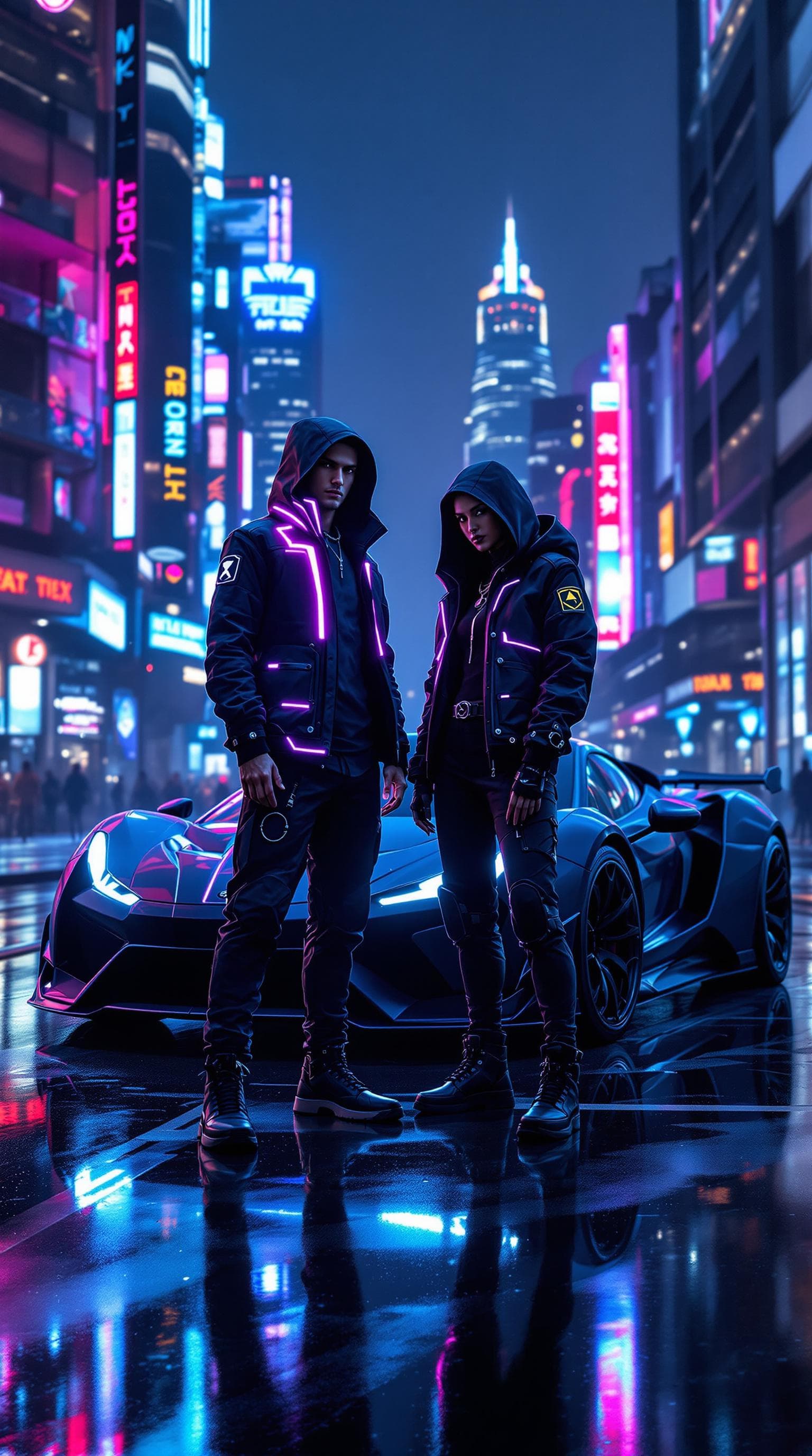 AI generated: A futuristic streetwear duo standing beside a matte black sports car in a neon-lit urban environment...