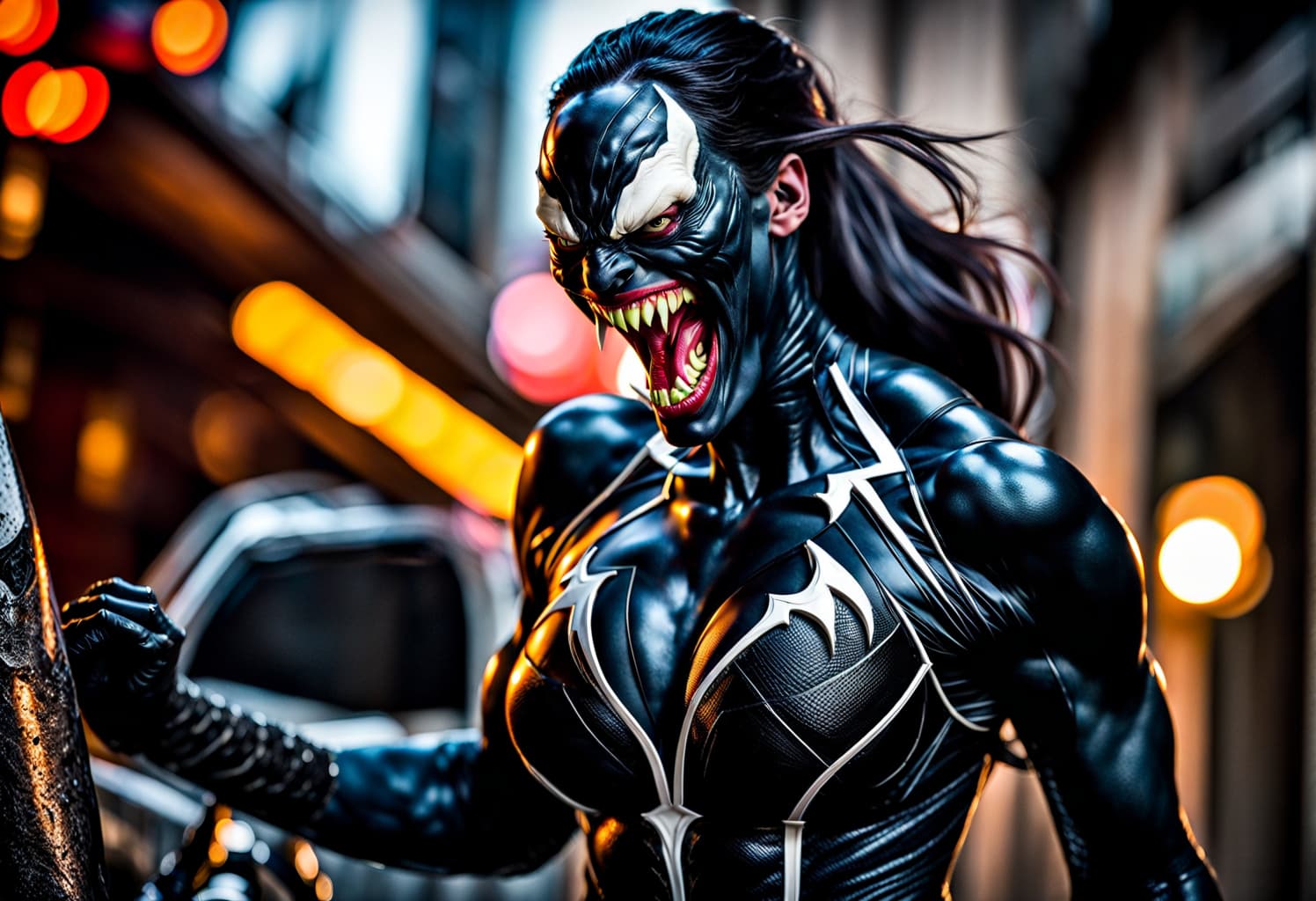 AI generated: 200mm portrait RAW photo, dramatic scene, (half-body shot), lady Venom, anger, mouth open and full o...