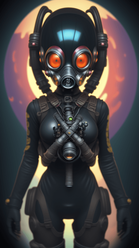 AI generated: in a complex background portrait of little alien woman. Wearing a gas mask. Prominent eyes, complex ...