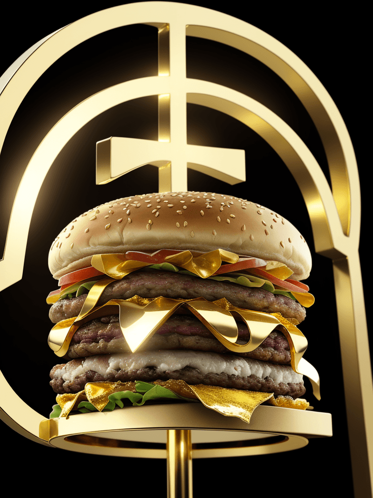 AI generated: gold and white background, gold stand with arc above, one spot light ,a burger picture in the arc, 9...