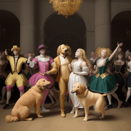 AI generated: An unusual scene featuring a bunch of golden retriever dogs attending a rave that is themed after th...