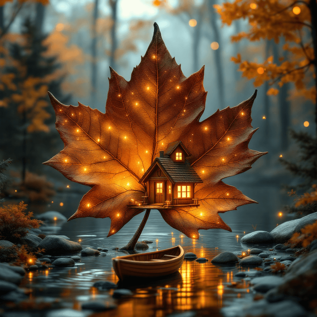 AI generated: A surreal and enchanting autumn scene featuring a glowing wooden cabin nestled inside the shape of a...