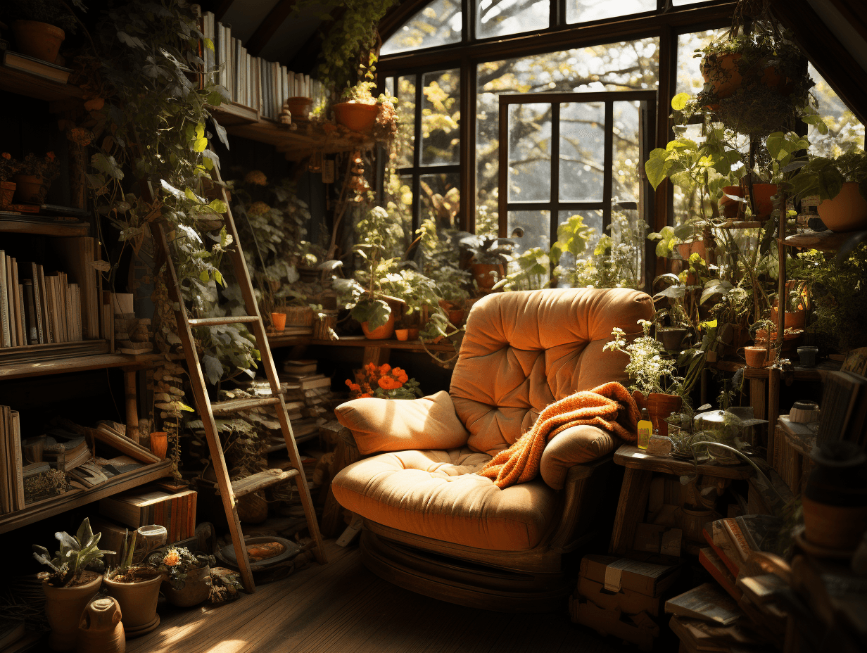 AI generated: In the corner of the study, A furry chair on the book wall::2 Outside the window, there is sunlight,...