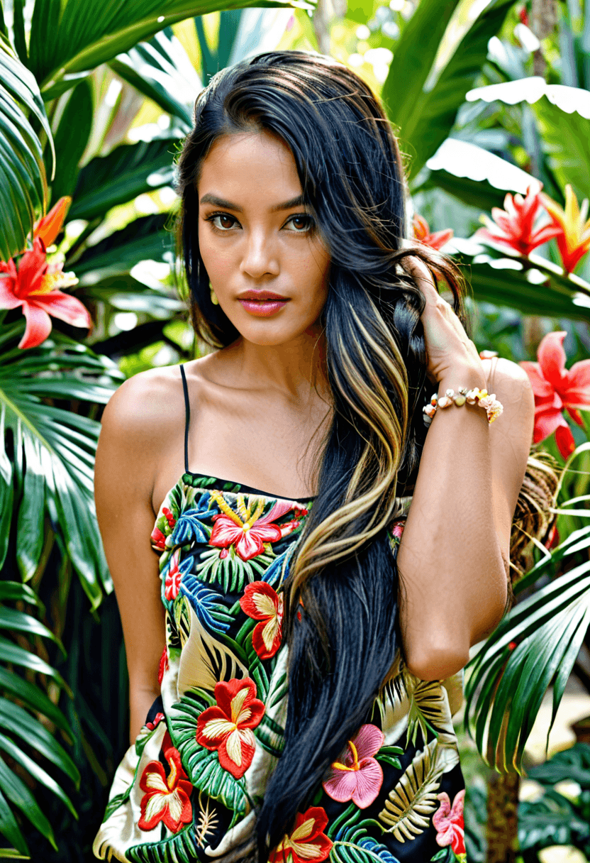 AI generated: glamorous photo South Pacific woman pets her hair, looking curiously at the viewer, long black hair ...