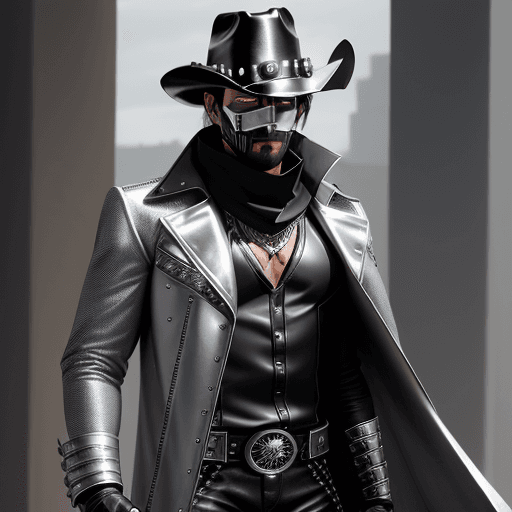AI generated: male super hero named The Whip, Hispanic, black hair, no symbol, black leather pants ((silver button...