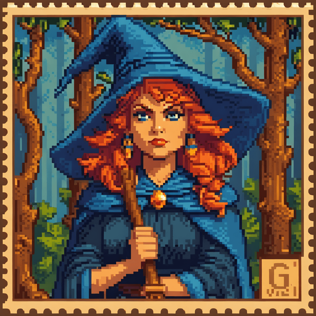 AI generated: Angry female witch in the forest with arms crossed wearing a blue pointy hat and orange hair and a b...