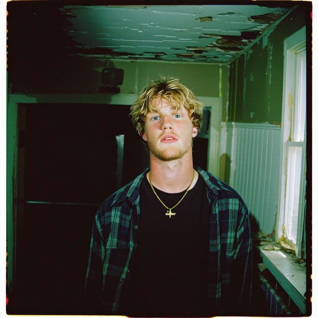 AI generated: grainy 80's photograph quality polaroid of logan paul suicide caught in an abandoned house, dark