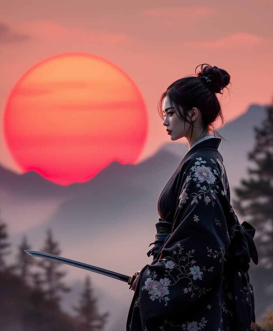 AI generated: In a hyper-realistic cinematic style, a poised female samurai stands contemplatively at sunset, her ...