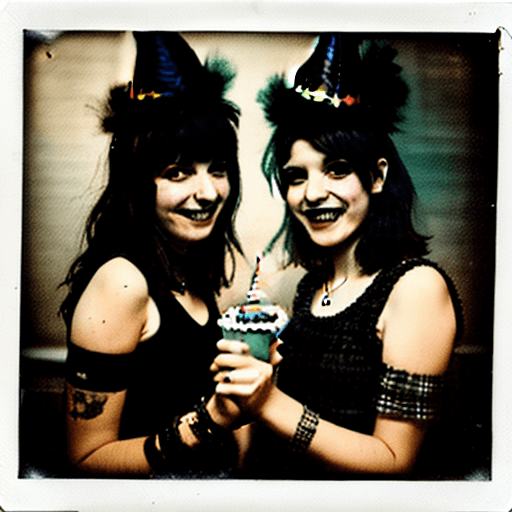 AI generated: a photograph of 2 girls celebrating at a birthday party, polaroid, --q 2,  colored, age 30, punkrock...