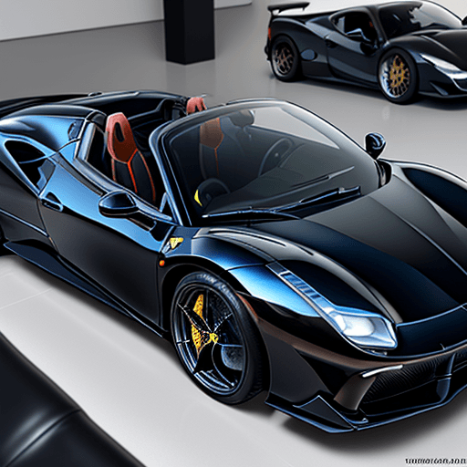 AI generated: Black Ferrari 488 Pista spider with blue seats in the showroom. 8k  