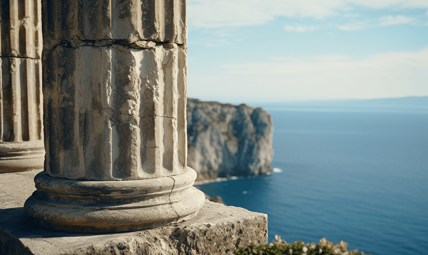 AI generated: A still from the film, closeup of an ancient Greek pillar on an island with a view of the sea in the...