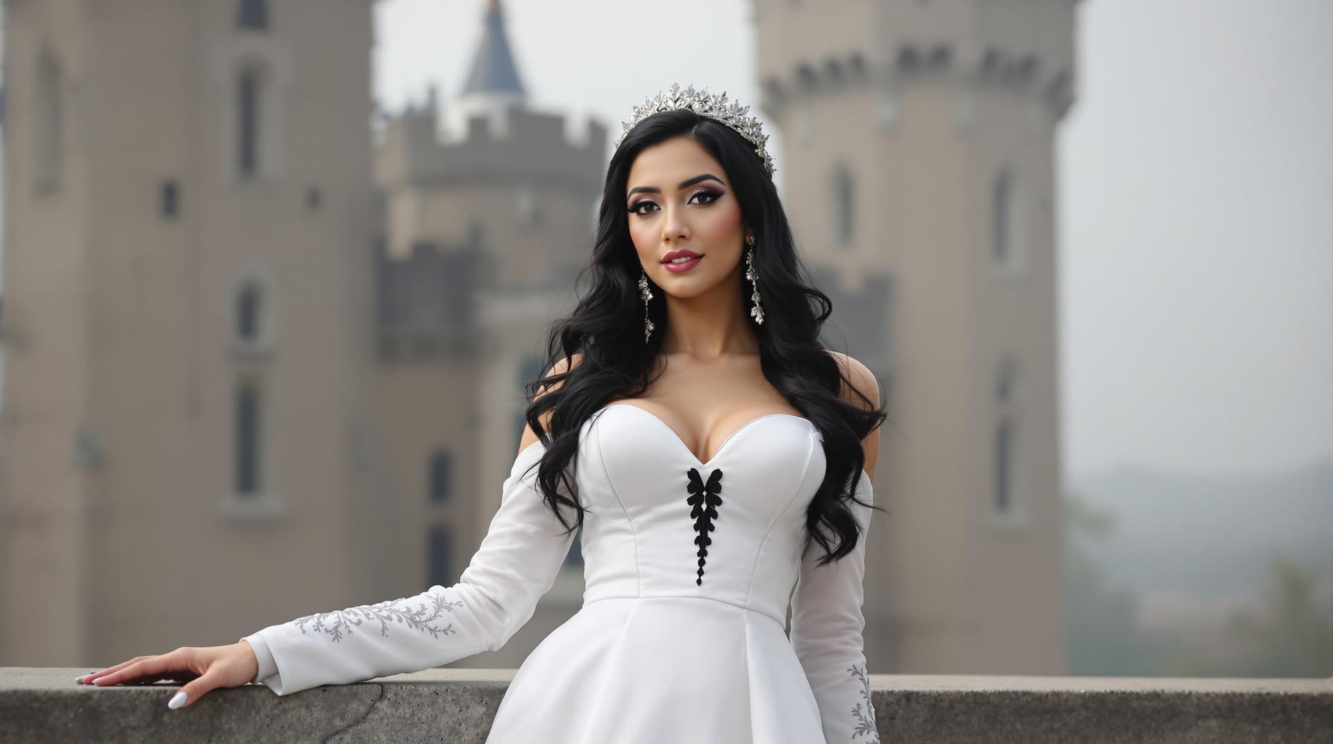 AI generated: a woman in a white dress standing in front of a castle. The woman has long, wavy black hair and is w...