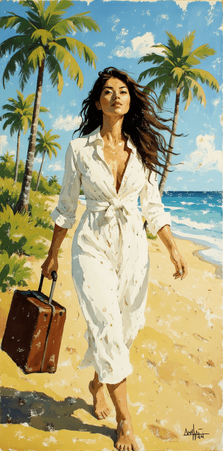 AI generated: a painting of a woman, in the style of brushstroke-intensive portraits, walking away with luggage, p...