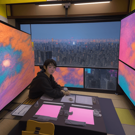 AI generated: photo, student in tokyo, wide fov, wide field of view, wide angle, hyper maximalist, bright saturate...