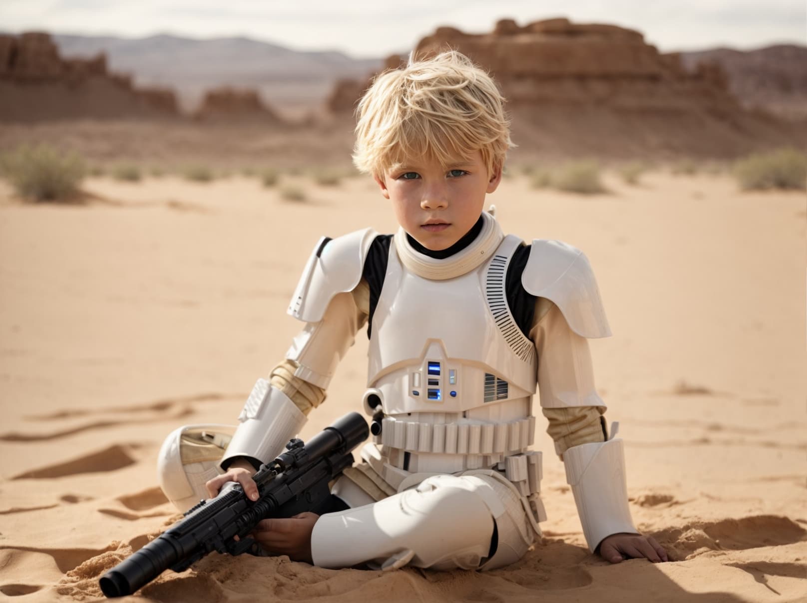 AI generated:  8 year old blond boy in the desert finds a stormtrooper suit. Intricate details. There is a laser s...