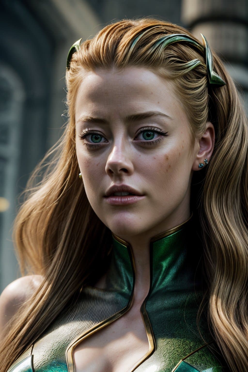 AI generated: a realistic photo of amberheard1 , dressed as mera , 8k, (high detailed skin:1. 2) , (best quality:1...