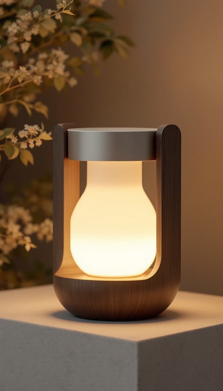 AI generated: Dutch angle, Industrial design concept of a Outdoor lamp matte finised top covered by an aluminum di...