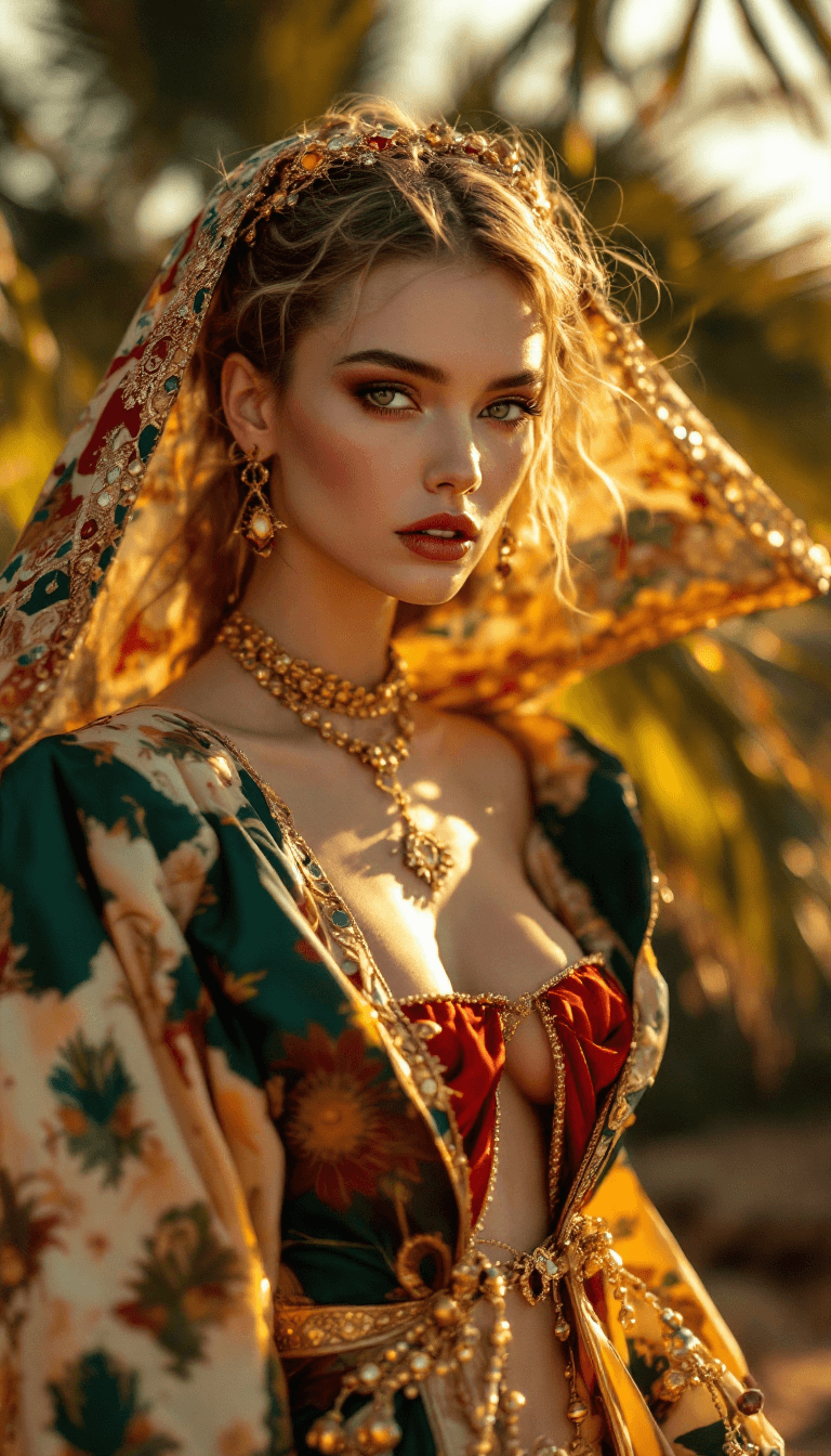 AI generated: fashion editorial shot by Tim Walker in a Moroccan farm, luxury silk resort wear, gorgeous female mo...