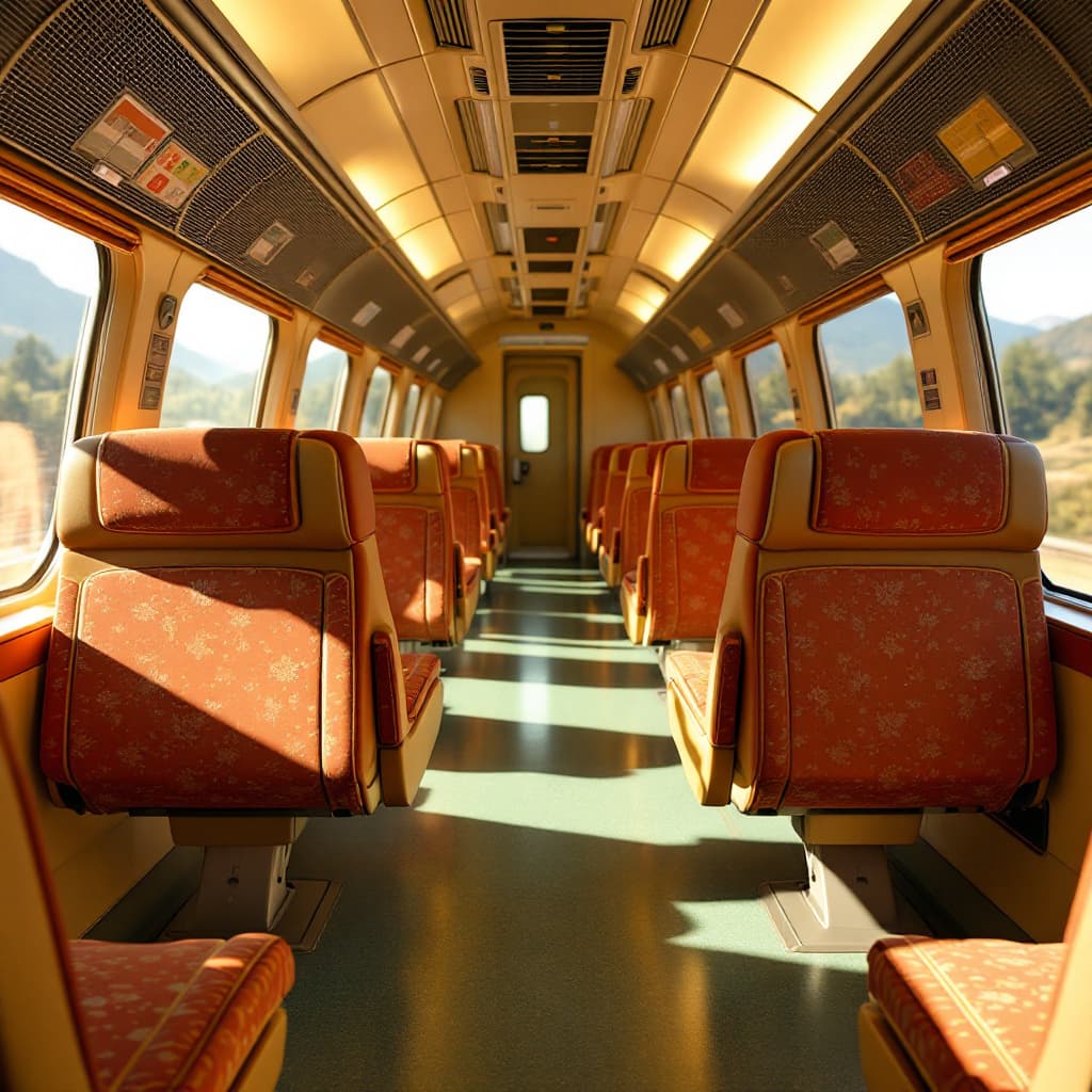 AI generated: a beautiful Wes Anderson style image of a bullet train interior with rotating seats, pertty female.