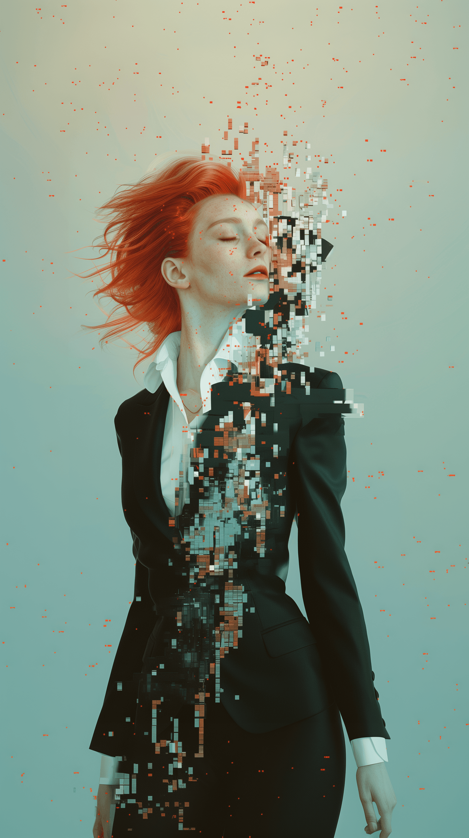 AI generated: hyper-realistic portrait of a woman with solid red color hair, styled in a contemporary look, wearin...