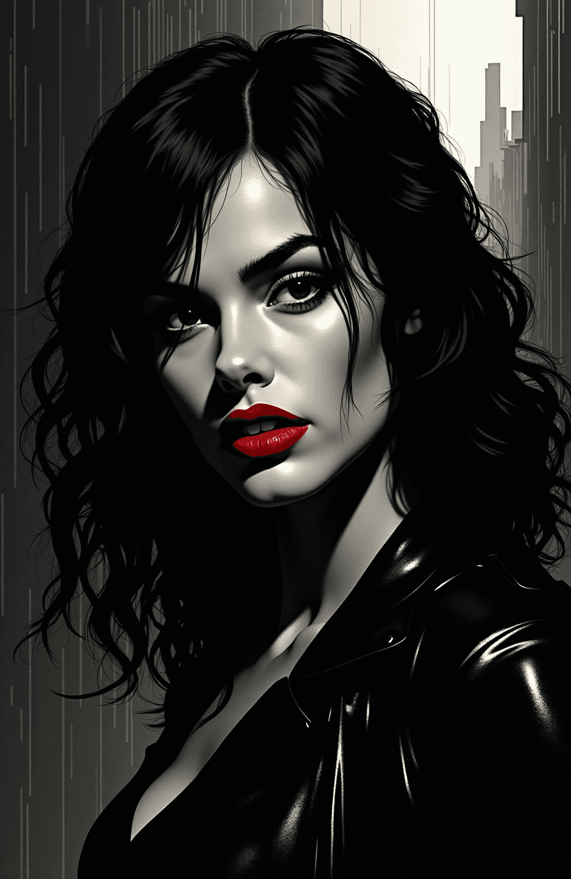 AI generated: Create a dramatic, high-contrast portrait of a woman in the iconic noir style of Sin City. The image...