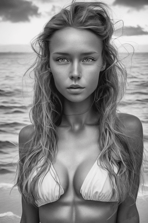 AI generated: professional full body shot of a Norwegian girl wearing only a two-piece swimsuit (beach), (dune), l...