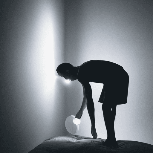 AI generated: silhouette of a man getting out of bed in the dark with a lamp shining lightly, holding a coin
