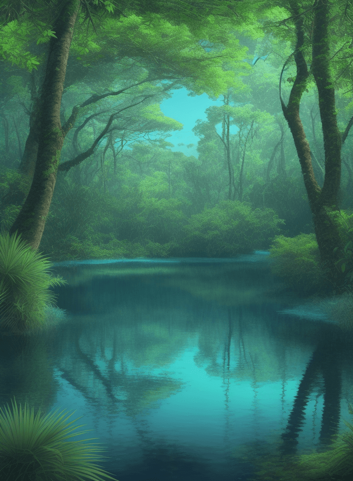AI generated: High resolution hyper realistic photo of a lagoon with clean and fresh water around an abundant fore...