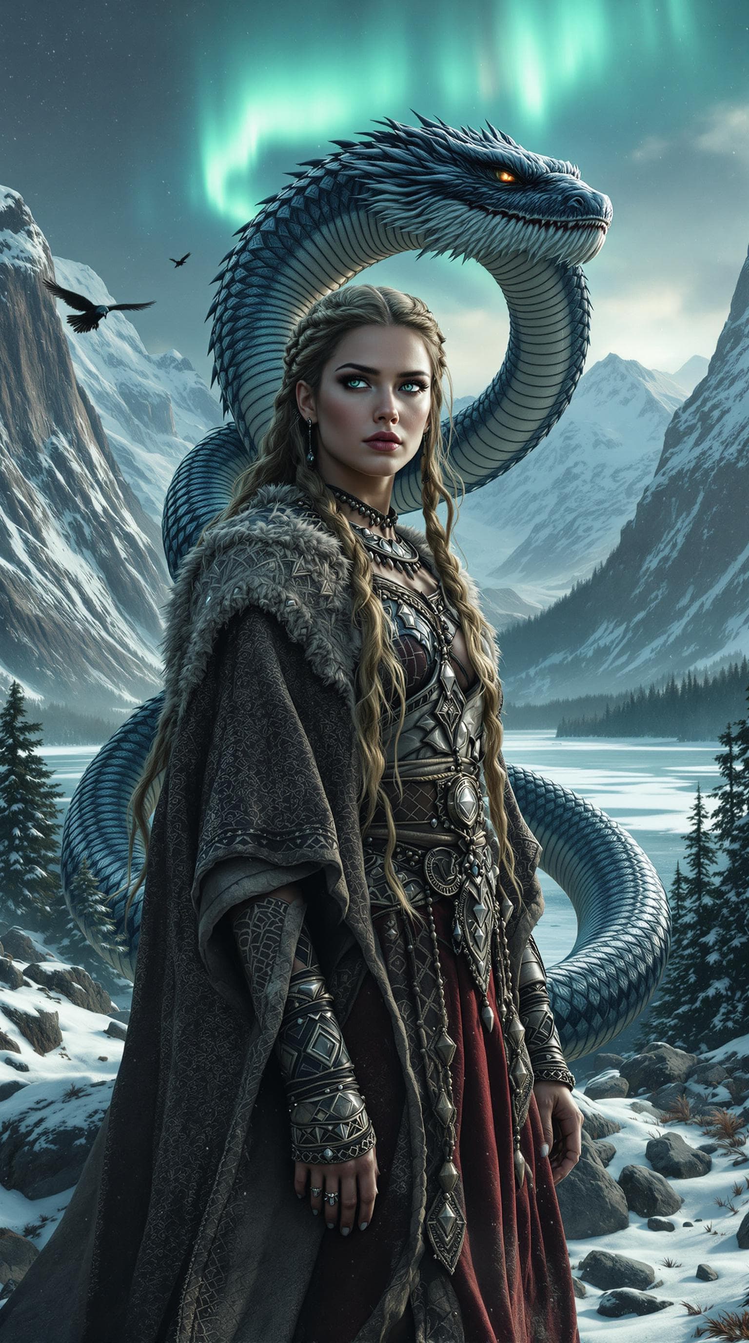 AI generated: full body shot, hyper-realistic, A beautiful ancient Norse woman stands tall and proud, her striking...