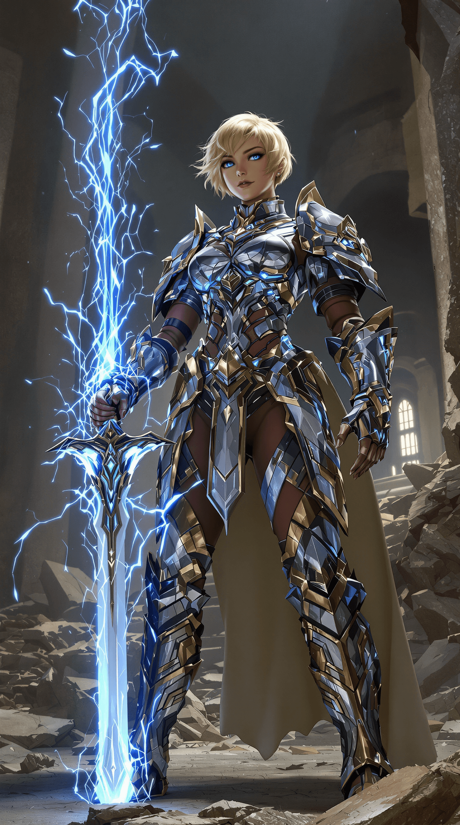 AI generated: A pretty, courageous paladin with an athletic, toned physique, her short, cropped blonde hair radiat...