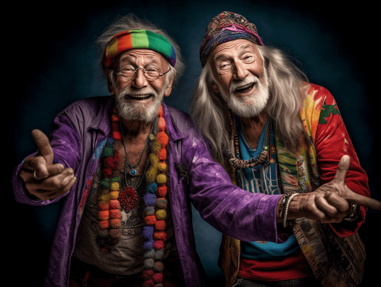 AI generated: photographic portrait of an old senior happy hippy friends, wearing hippy multi coloured clothing an...