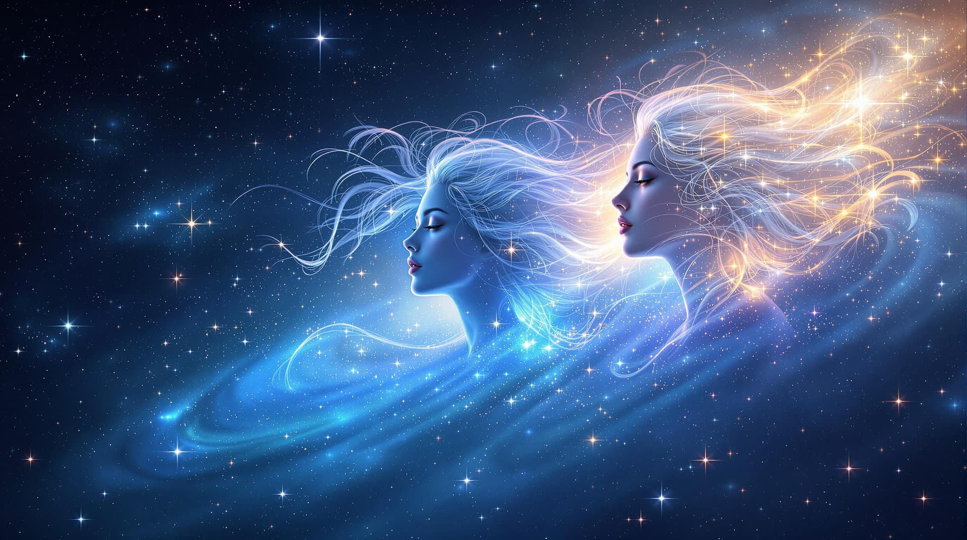 AI generated:  This digital artwork features a celestial theme with  ethereal female figures emerging from a starr...