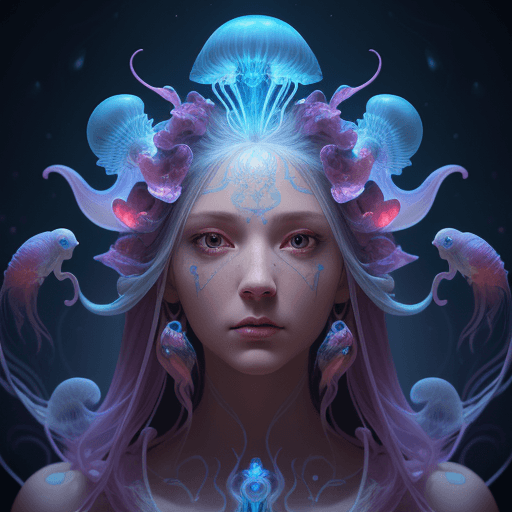 AI generated: Goddess close-up portrait ribcagel. jellyfish phoenix head, nautilus, orchid, skull, betta fish, bio...