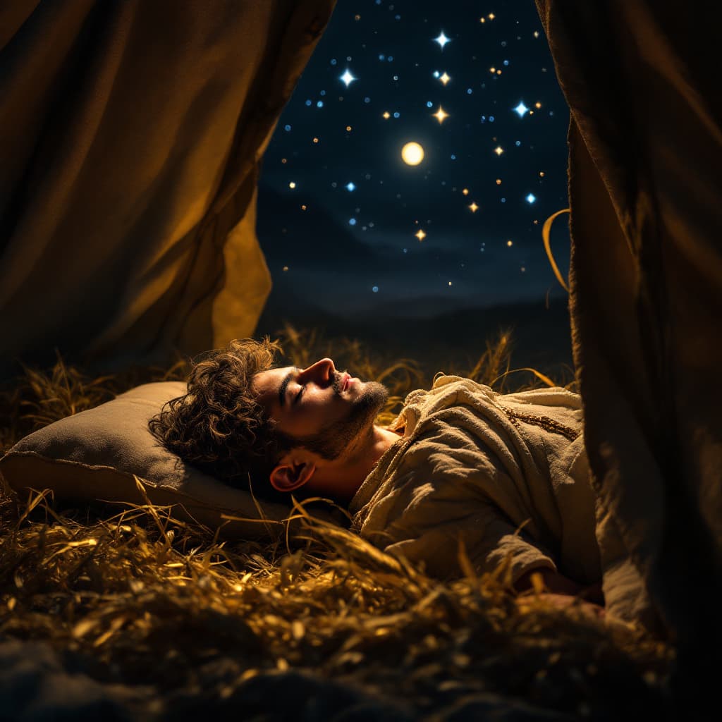 AI generated: "A young man, José, sleeping peacefully on a straw-filled bed in an ancient Hebrew tent. Moonlight s...