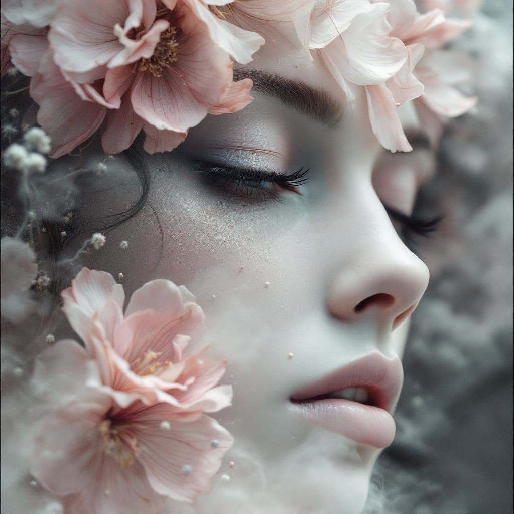 AI generated: woman made of dust + flowers, mysticism, + coherent, haze, fog, finest drawing, macro, clear contour...