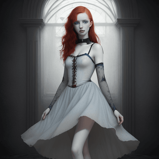 AI generated: Red hair, blue eyes, freckles, pale skin, beautiful charismatic girl, interesting shapes, full body ...